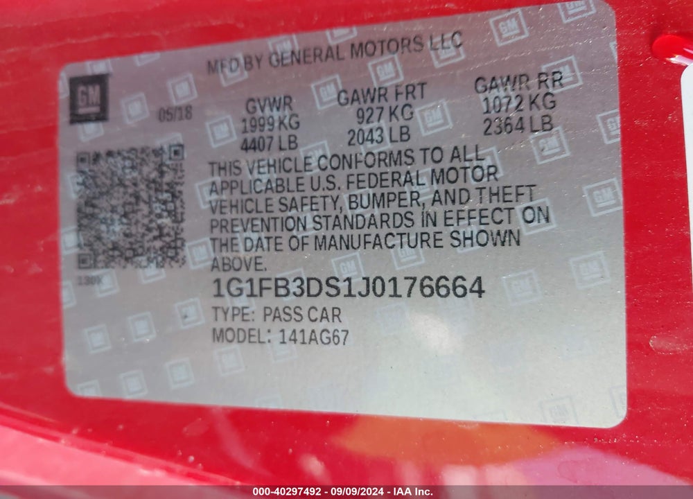 2018 CHEVROLET CAMARO 1LT VIN: 1G1FB3DS1J0176664