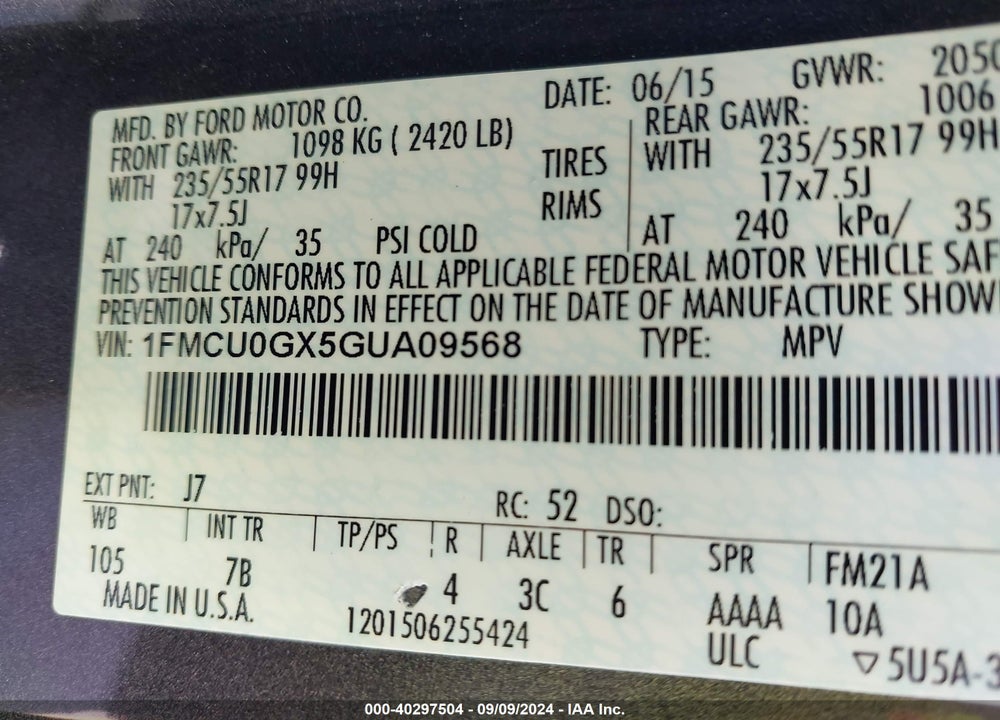 2016 FORD ESCAPE SE VIN: 1FMCU0GX5GUA09568