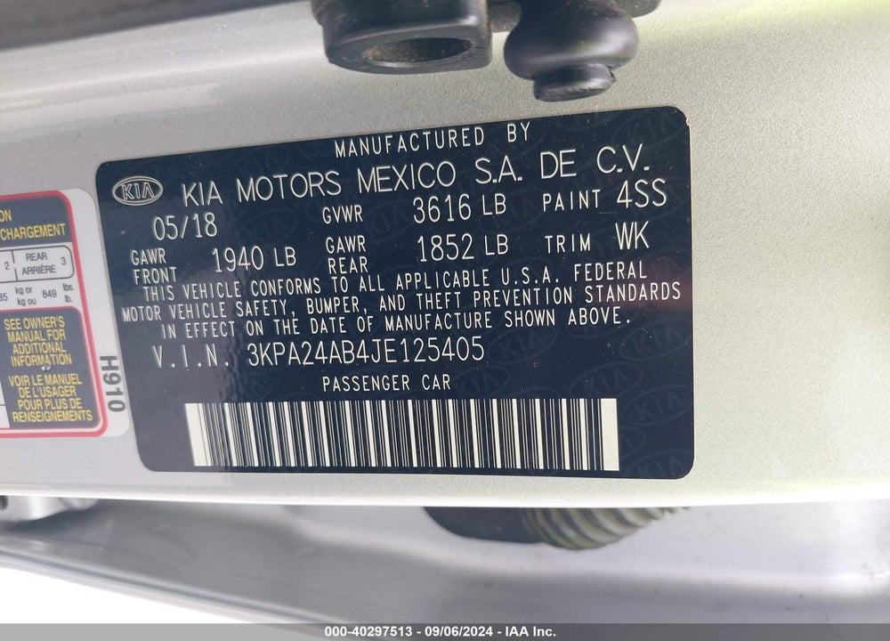 2018 KIA RIO VIN: 3KPA24AB4JE125405