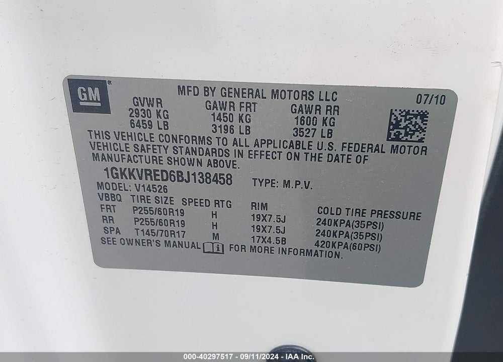 2011 GMC ACADIA SLT-1 VIN: 1GKKVRED6BJ138458