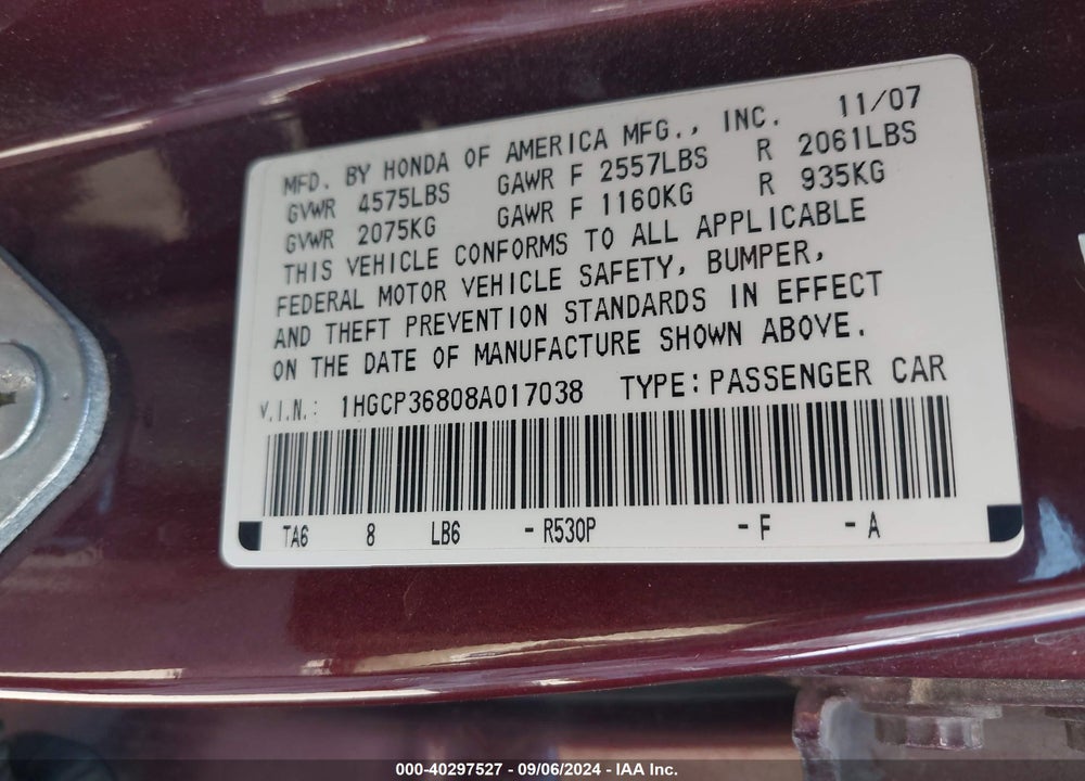 2008 HONDA ACCORD 3.5 EX-L VIN: 1HGCP36808A017038
