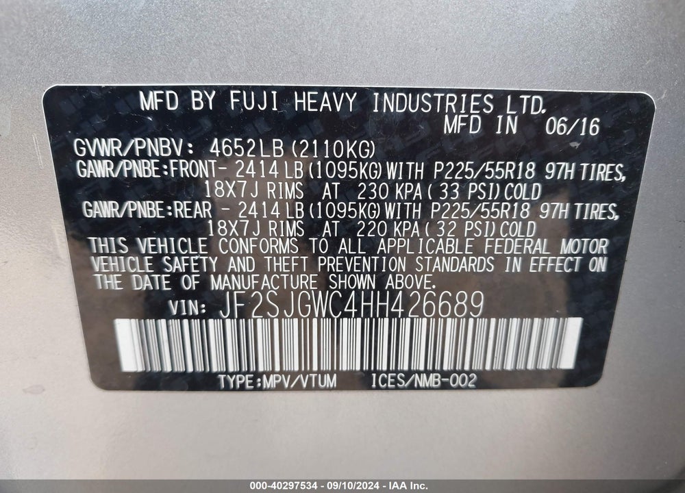 2017 SUBARU FORESTER 2.0XT TOURING VIN: JF2SJGWC4HH426689