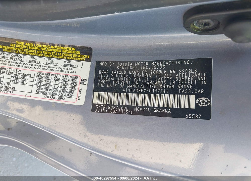 2007 TOYOTA CAMRY SOLARA SLE VIN: 4T1FA38PX7U117741