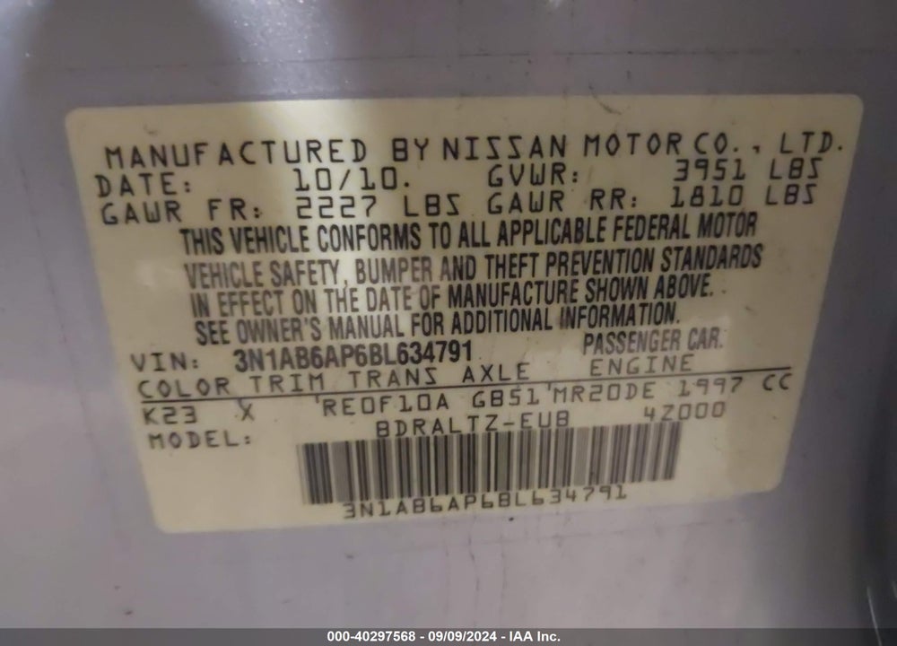 2011 NISSAN SENTRA 2.0SR VIN: 3N1AB6AP6BL634791
