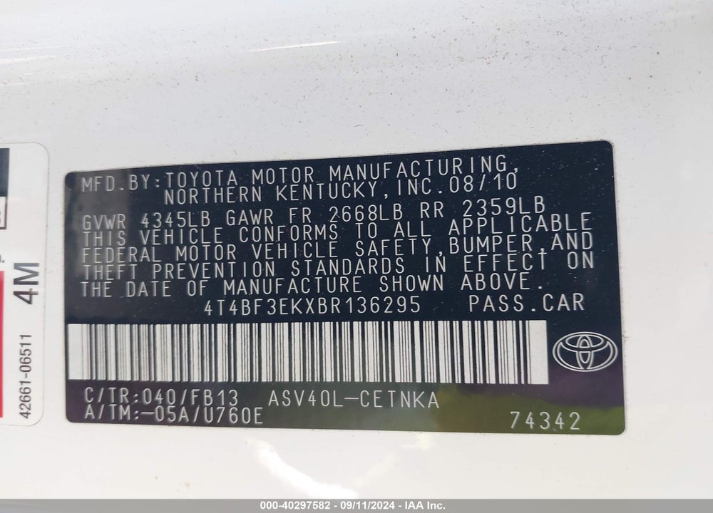 2011 TOYOTA CAMRY VIN: 4T4BF3EKXBR136295
