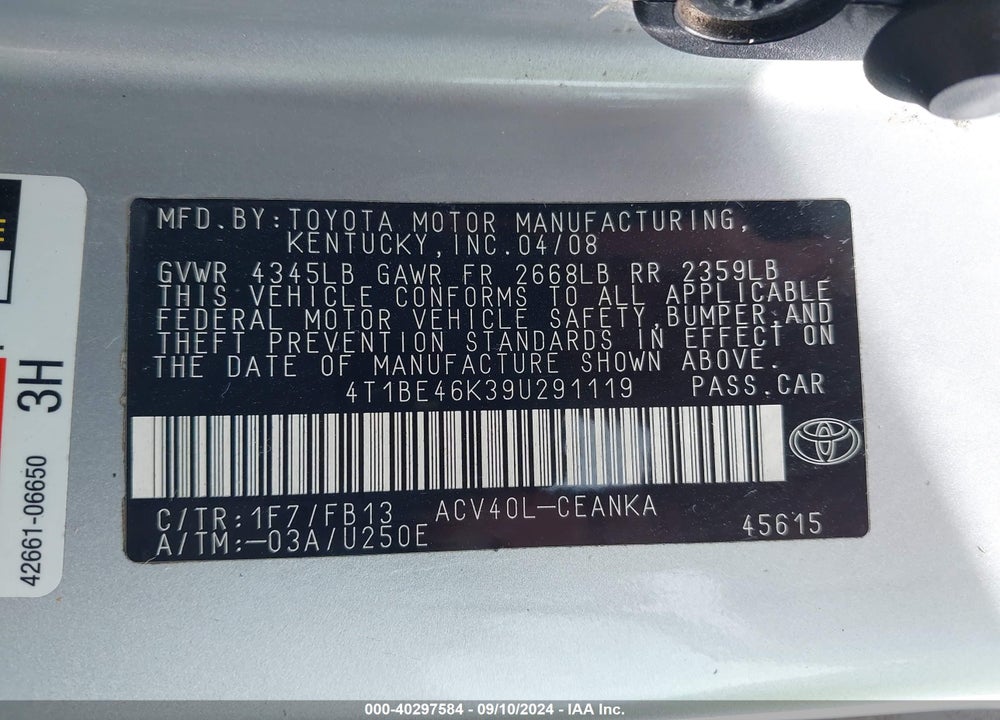 2009 TOYOTA CAMRY VIN: 4T1BE46K39U291119