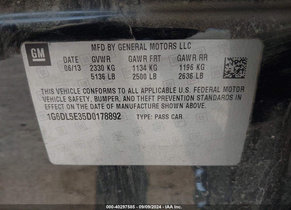 2013 CADILLAC CTS VIN: 1G6DL5E35D0178892