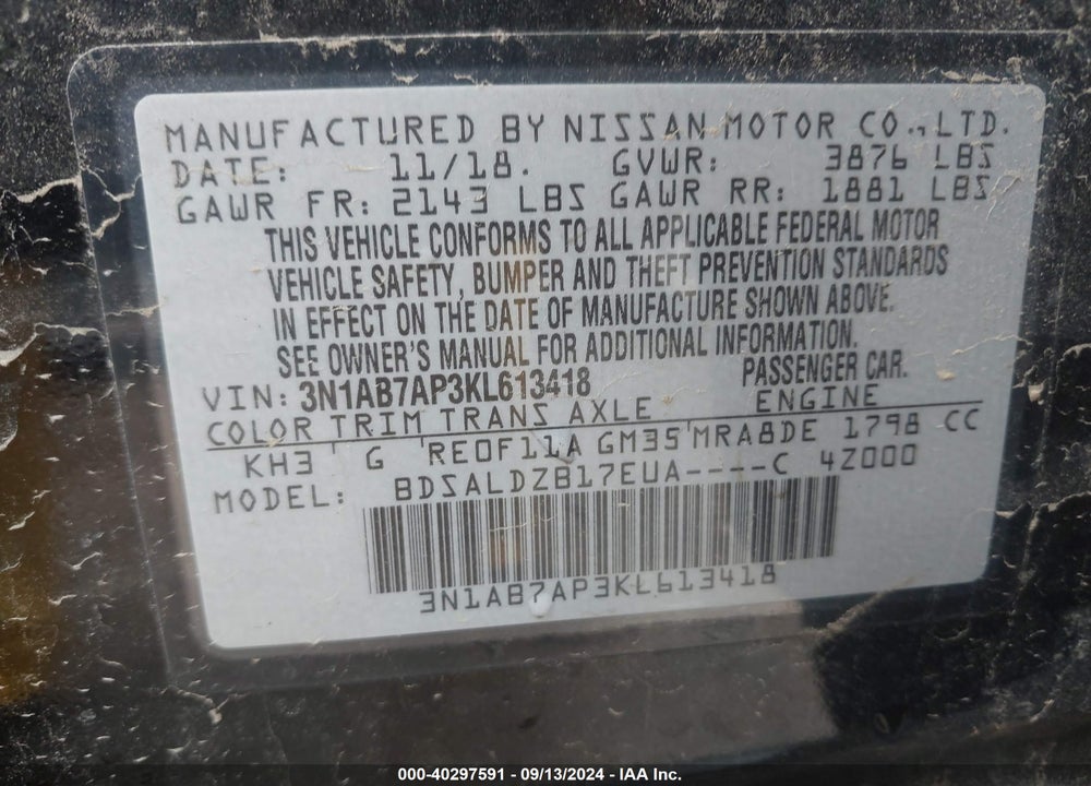 2019 NISSAN SENTRA SV VIN: 3N1AB7AP3KL613418