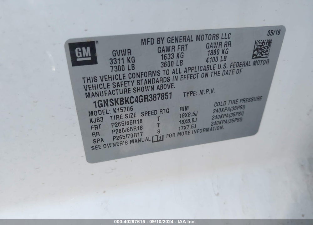 2016 CHEVROLET TAHOE LT VIN: 1GNSKBKC4GR387851