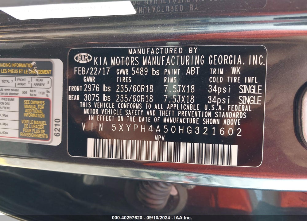 2017 KIA SORENTO 3.3L EX VIN: 5XYPH4A50HG321602