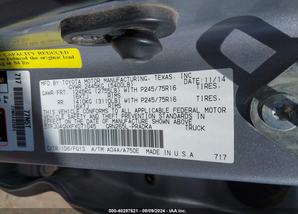 2015 TOYOTA TACOMA PRERUNNER V6 VIN: 5TFJU4GNXFX071045