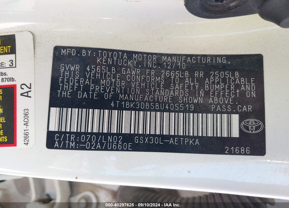 2011 TOYOTA AVALON LIMITED VIN: 4T1BK3DB5BU405519