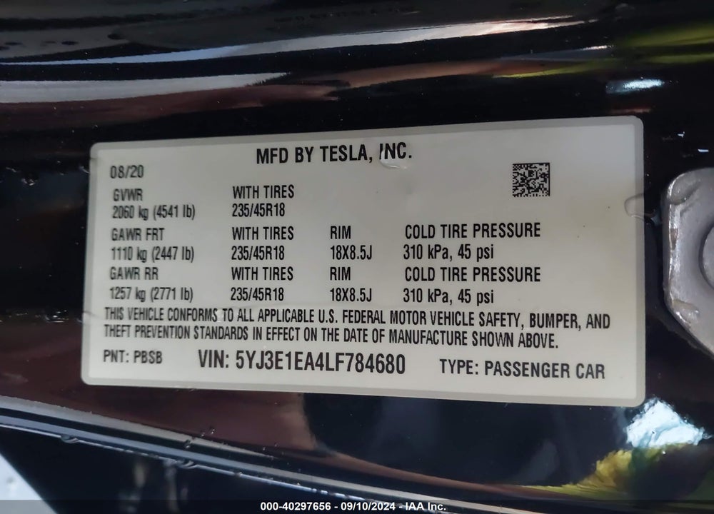 2020 TESLA MODEL 3 STANDARD RANGE PLUS REAR-WHEEL DRIVE/STANDARD RANGE REAR-WHEEL DRIVE VIN: 5YJ3E1EA4LF784680