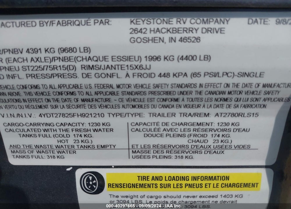 2015 KEYSTONE TRAVEL TRAILER VIN: 4YDT27825FH921210