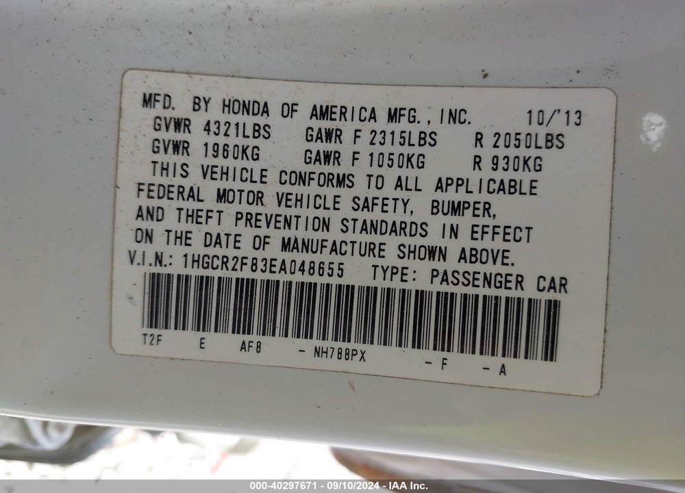 2014 HONDA ACCORD EX-L VIN: 1HGCR2F83EA048655