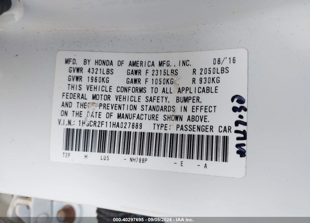 2017 HONDA ACCORD SPORT SE VIN: 1HGCR2F11HA027889