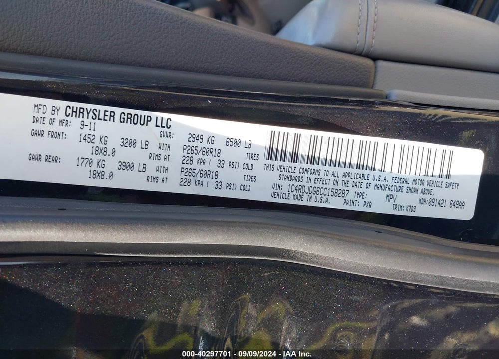 2012 DODGE DURANGO CREW VIN: 1C4RDJDG6CC158287