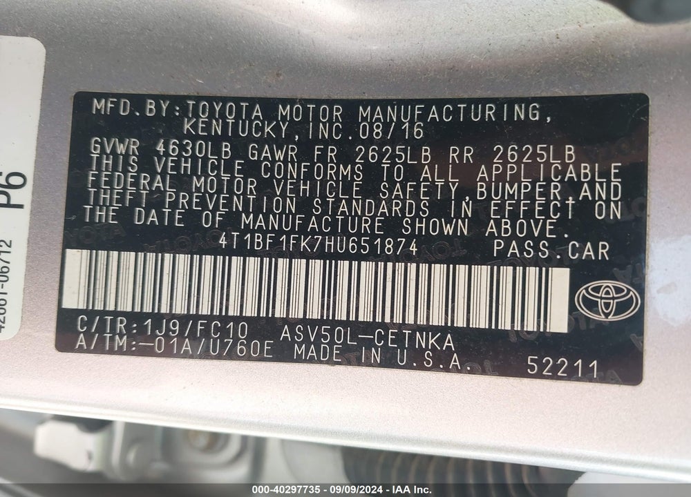 2017 TOYOTA CAMRY LE VIN: 4T1BF1FK7HU651874
