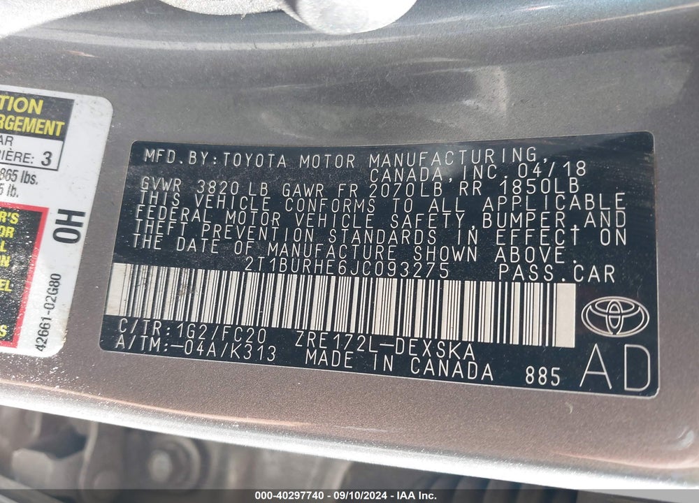 2018 TOYOTA COROLLA SE VIN: 2T1BURHE6JC093275