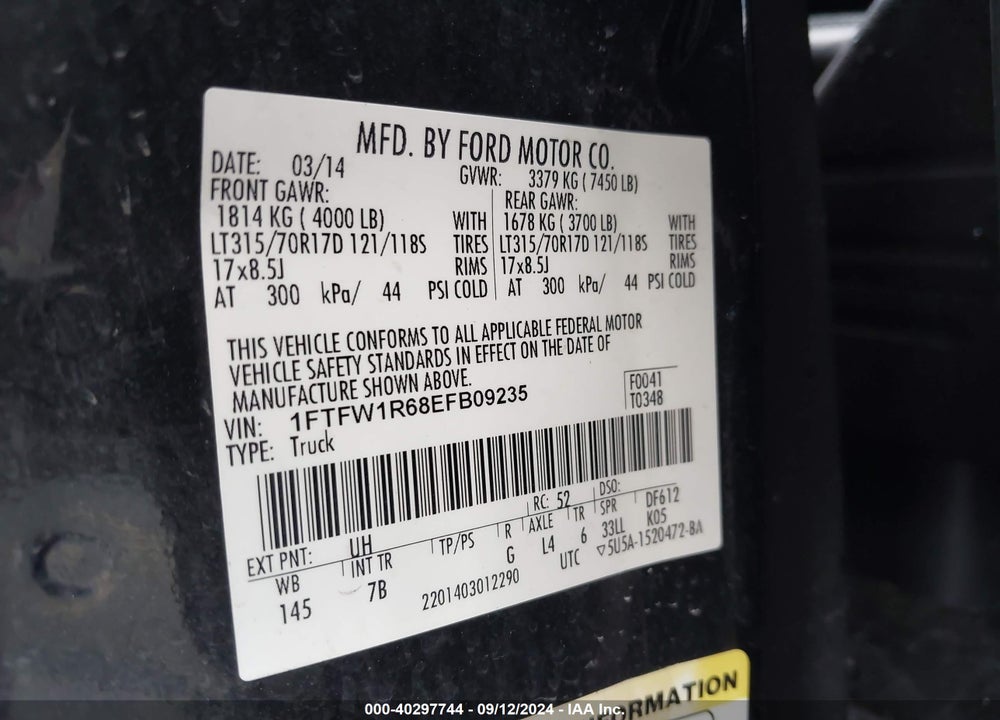 2014 FORD F-150 SVT RAPTOR VIN: 1FTFW1R68EFB09235