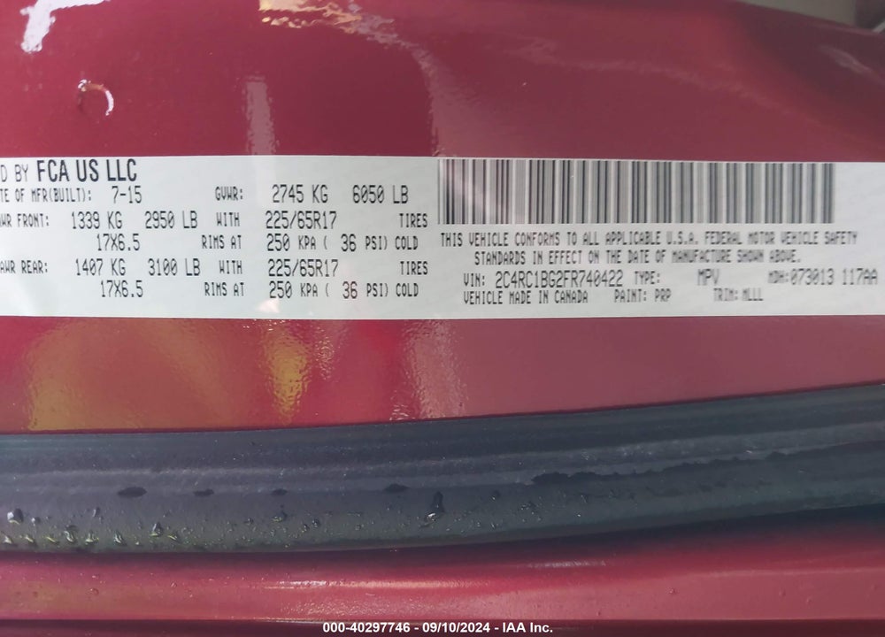 2015 CHRYSLER TOWN & COUNTRY TOURING VIN: 2C4RC1BG2FR740422