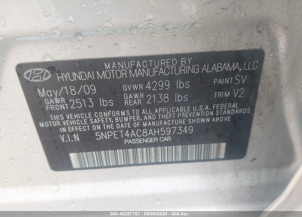 2010 HYUNDAI SONATA GLS VIN: 5NPET4AC8AH597349