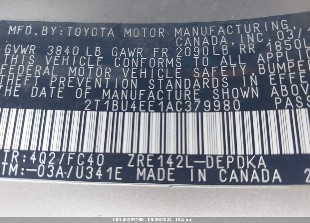 2010 TOYOTA COROLLA LE VIN: 2T1BU4EE1AC379980