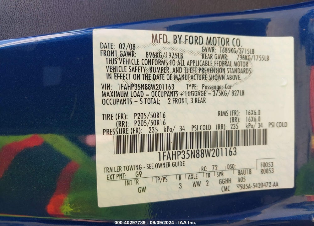 2008 FORD FOCUS SE/SES VIN: 1FAHP35N88W201163