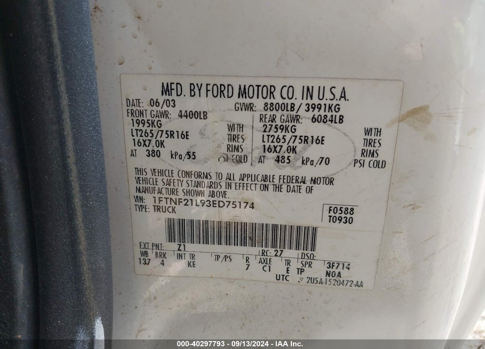 2003 FORD F-250 XL/XLT VIN: 1FTNF21L93ED75174