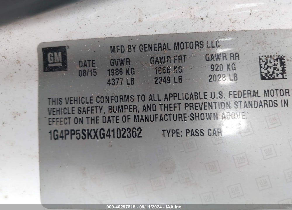 2016 BUICK VERANO VIN: 1G4PP5SKXG4102362