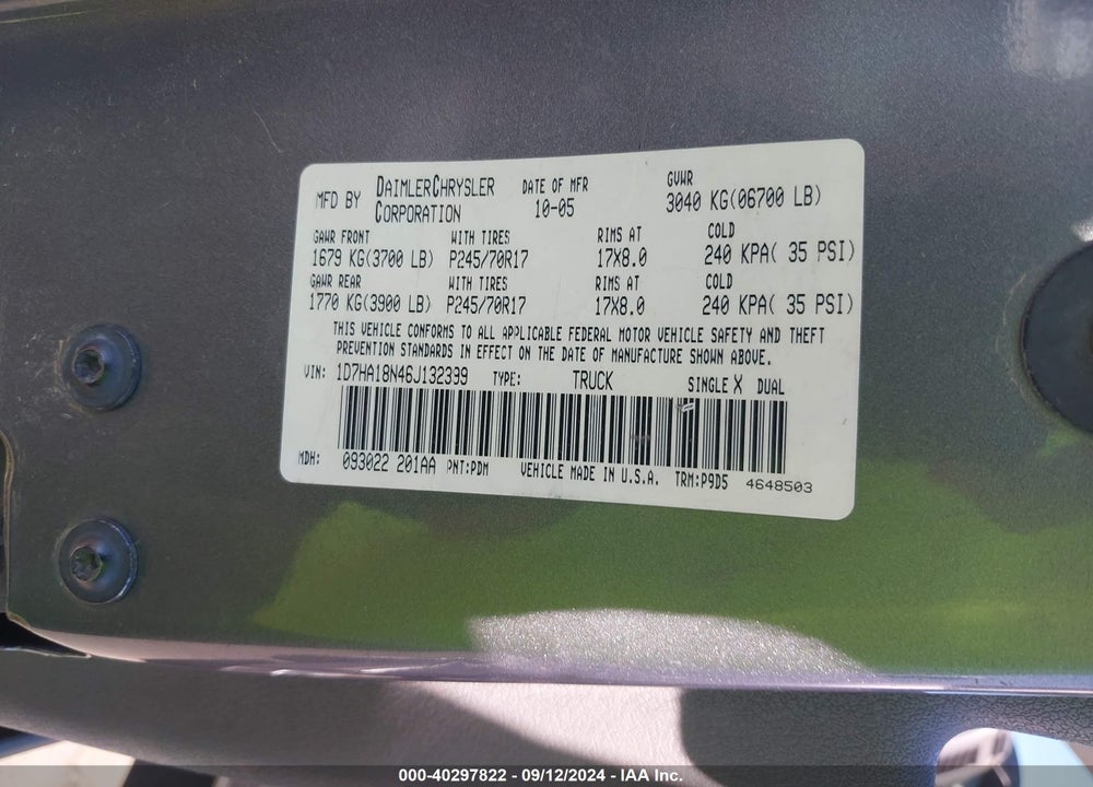 2006 DODGE RAM 1500 ST VIN: 1D7HA18N46J132399
