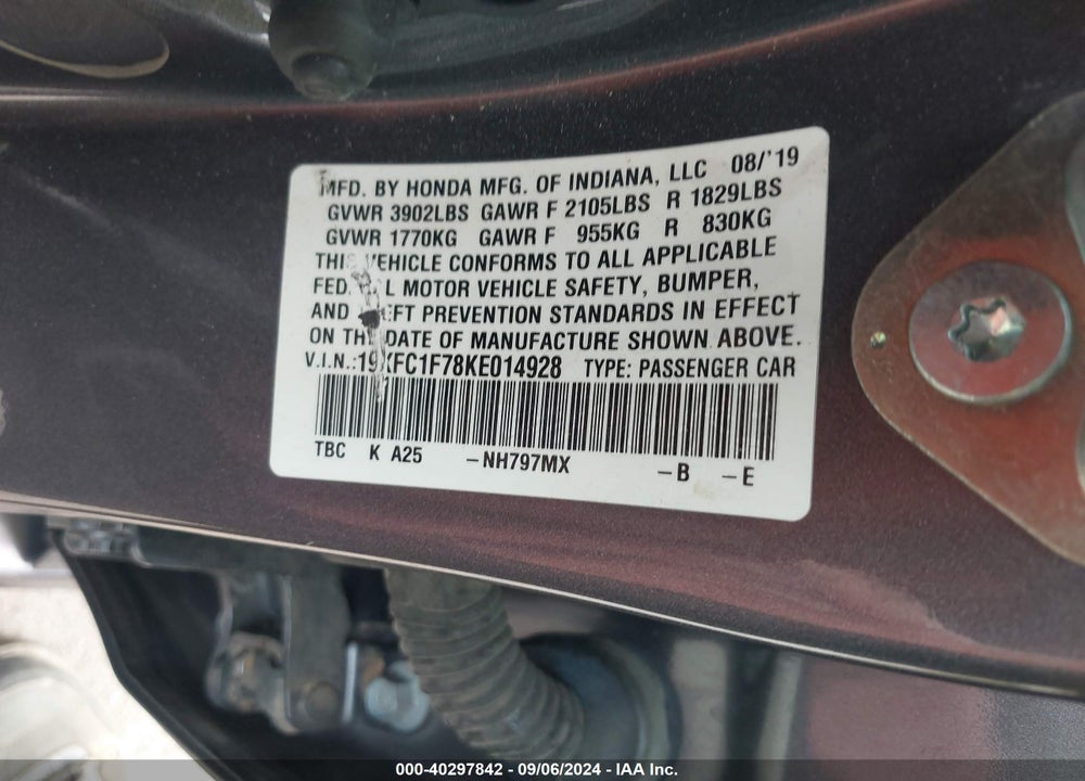 2019 HONDA CIVIC EX-L VIN: 19XFC1F78KE014928