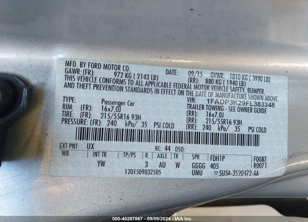 2015 FORD FOCUS SE VIN: 1FADP3K29FL383348