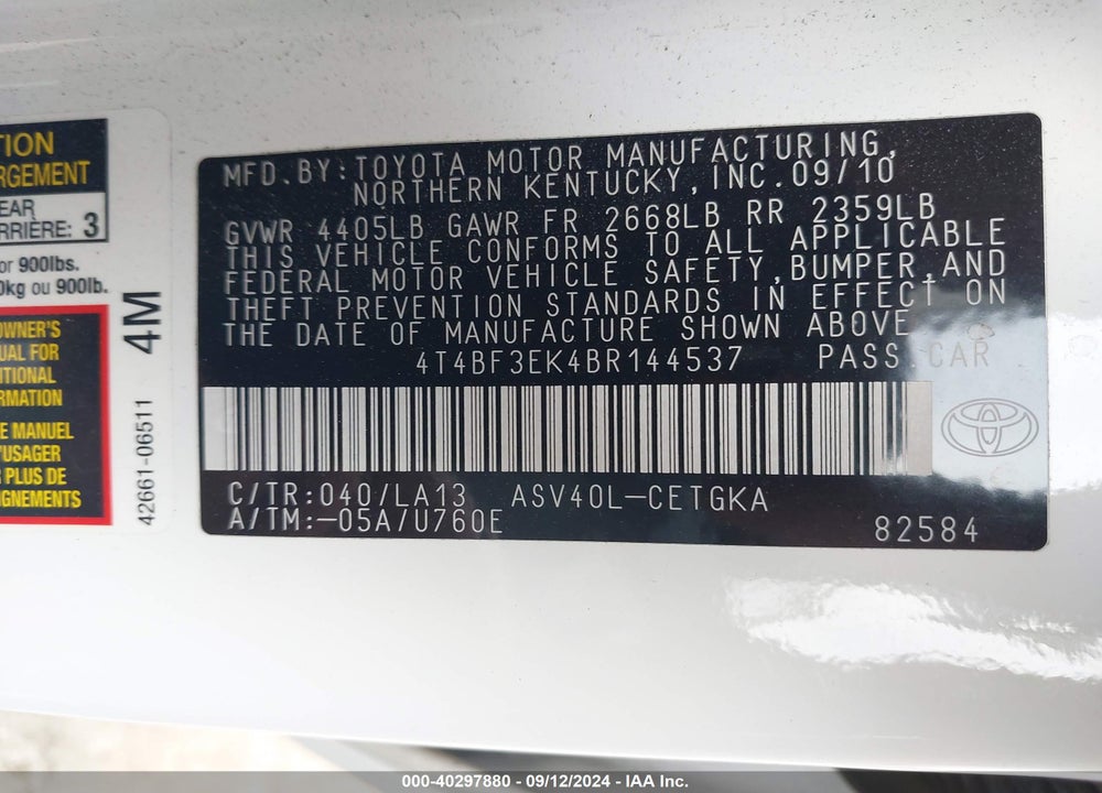 2011 TOYOTA CAMRY XLE VIN: 4T4BF3EK4BR144537