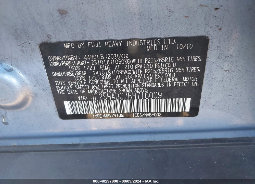 2011 SUBARU FORESTER 2.5X VIN: JF2SHABC7BH716009