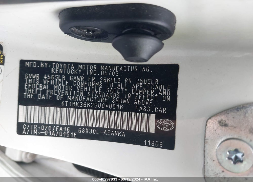 2005 TOYOTA AVALON XL VIN: 4T1BK36B35U040016