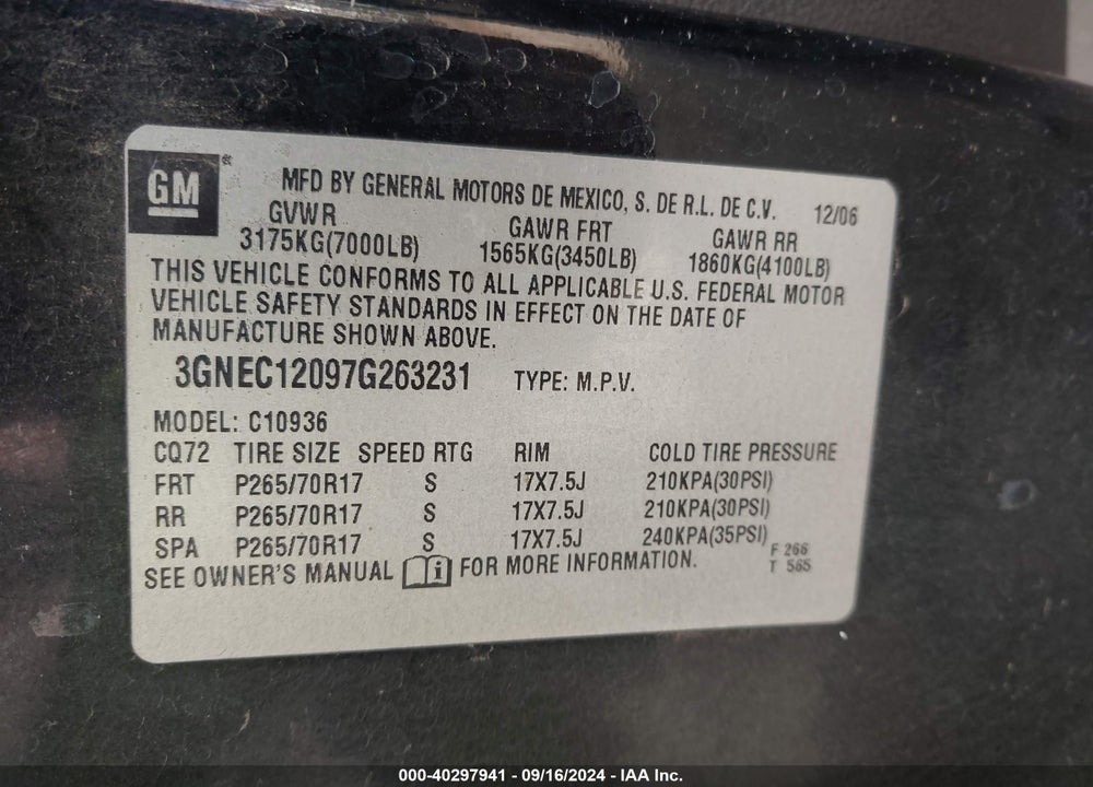 2007 CHEVROLET AVALANCHE 1500 LT VIN: 3GNEC12097G263231
