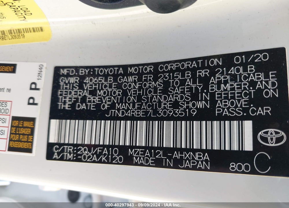 2020 TOYOTA COROLLA SE VIN: JTND4RBE7L3093519