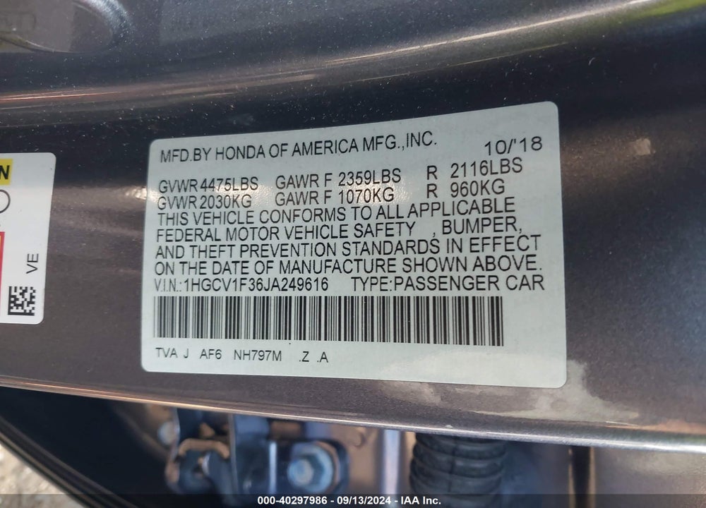 2018 HONDA ACCORD SPORT VIN: 1HGCV1F36JA249616