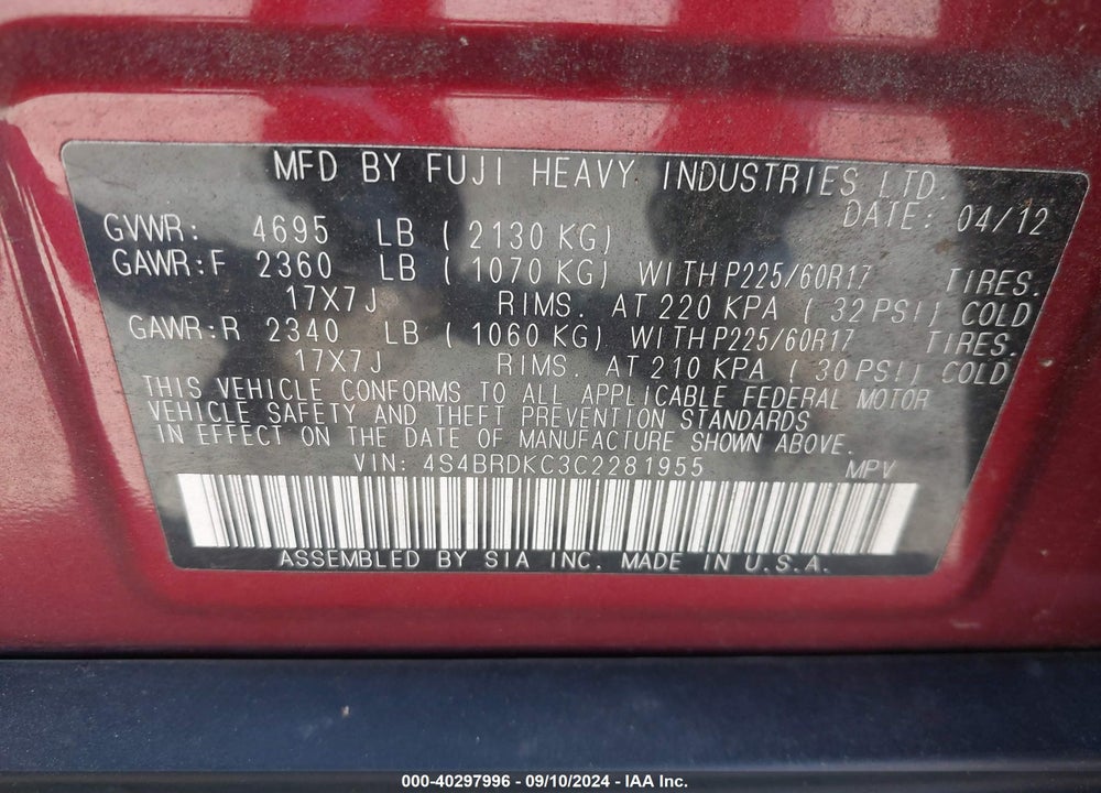 2012 SUBARU OUTBACK 3.6R LIMITED VIN: 4S4BRDKC3C2281955