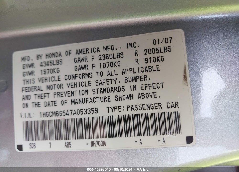 2007 HONDA ACCORD 3.0 EX VIN: 1HGCM66547A053359