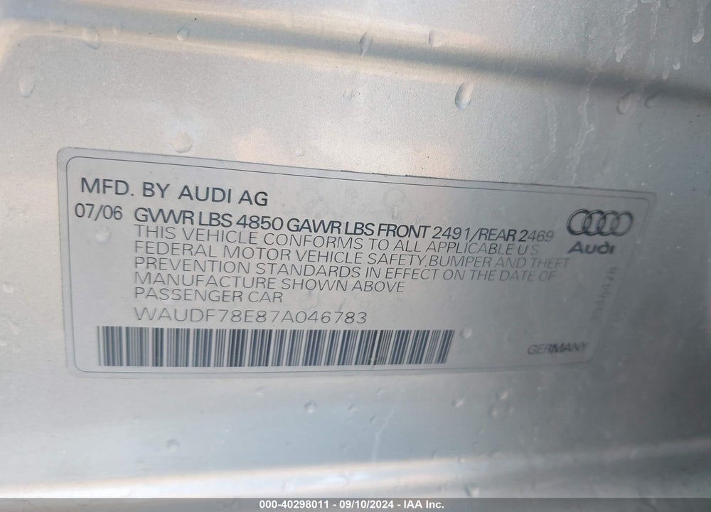 2007 AUDI A4 2.0T VIN: WAUDF78E87A046783