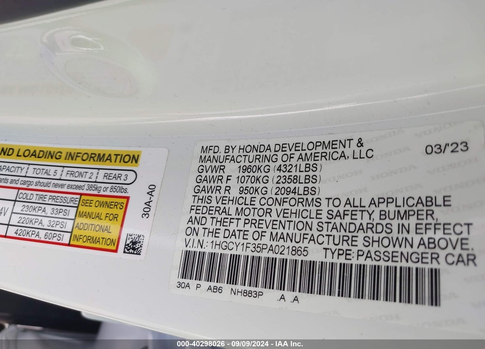2023 HONDA ACCORD EX VIN: 1HGCY1F35PA021865