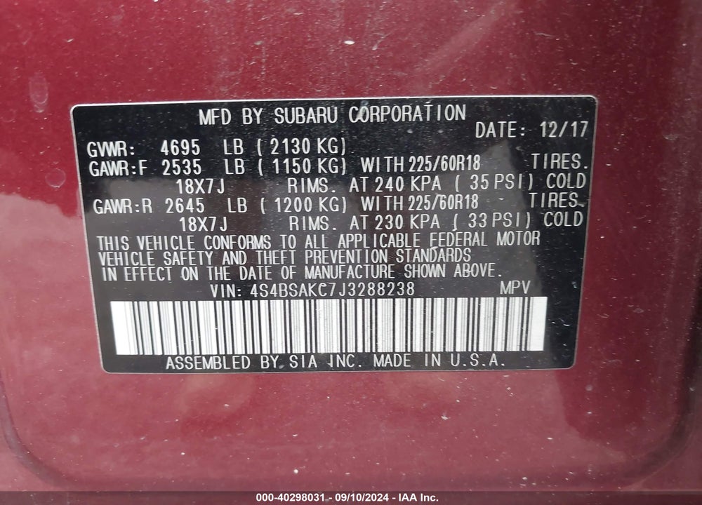2018 SUBARU OUTBACK 2.5I LIMITED VIN: 4S4BSAKC7J3288238