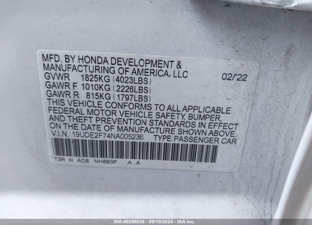 2022 ACURA ILX PREMIUM PACKAGE VIN: 19UDE2F74NA005238