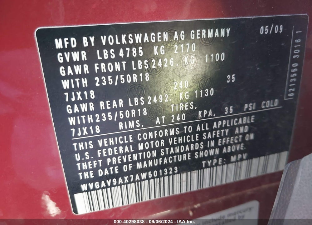2010 VOLKSWAGEN TIGUAN SE VIN: WVGAV9AX7AW501323