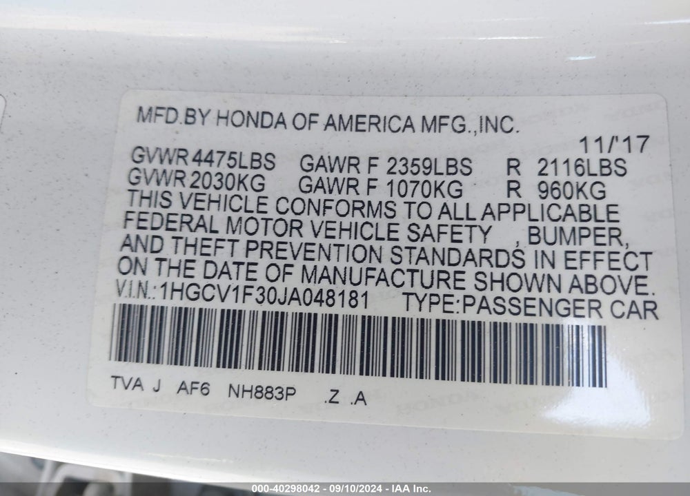 2018 HONDA ACCORD SPORT VIN: 1HGCV1F30JA048181