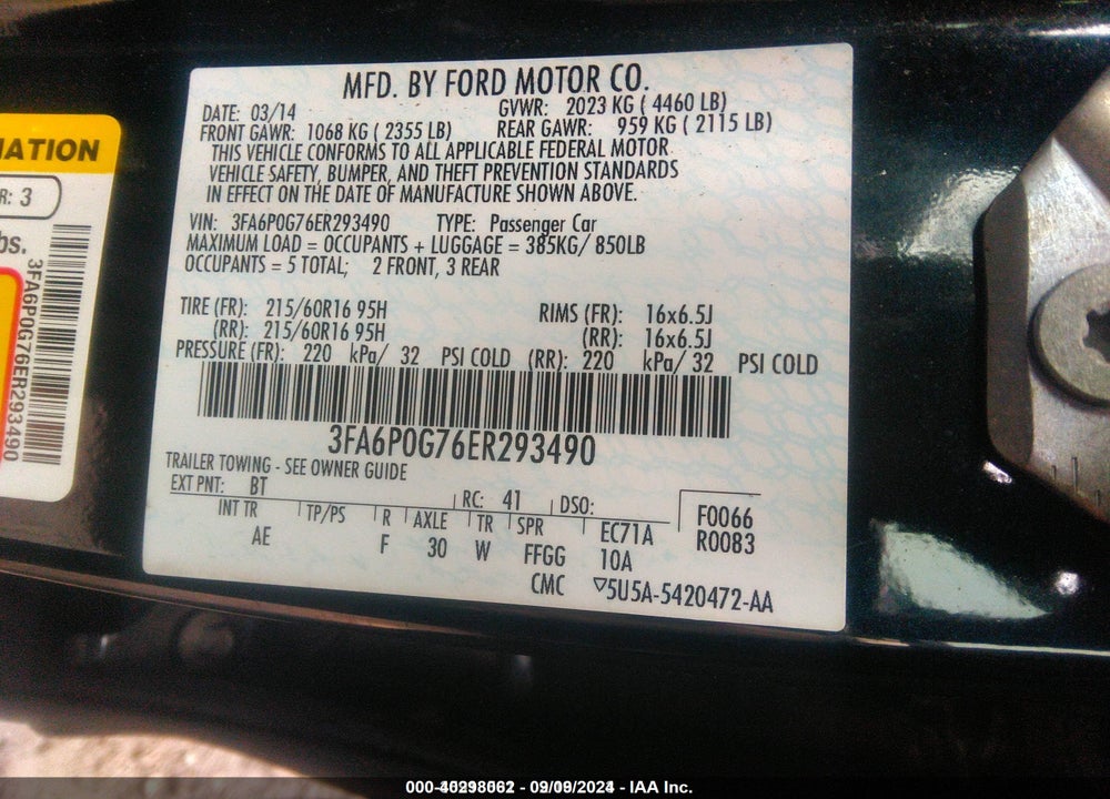 2014 FORD FUSION VIN: 3FA6P0G76ER293490