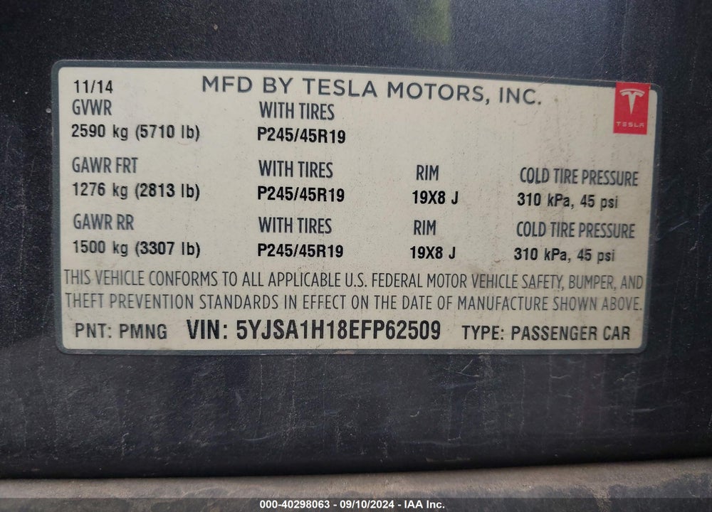 2014 TESLA MODEL S P85 VIN: 5YJSA1H18EFP62509