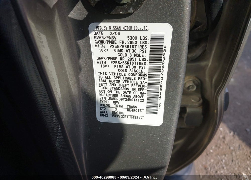 2004 NISSAN PATHFINDER SE VIN: JN8DR09Y34W914122